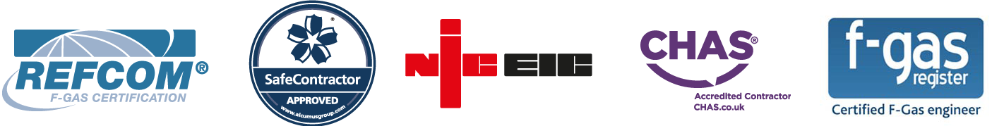 Gas certification logos for Refcom, Safe Contractor, NiC EiC, Chas and F-Gas