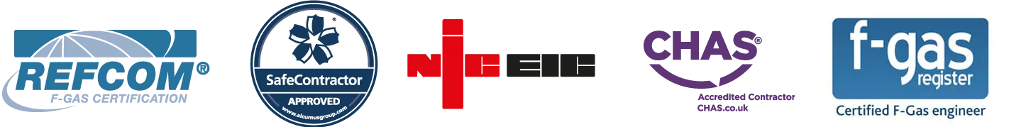 Gas certification logos for Refcom, Safe Contractor, NiC EiC, Chas and F-Gas